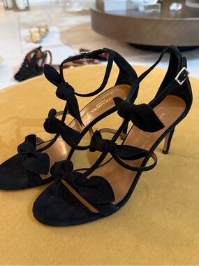 Aquazzura Black Suede Bow-Strap Stiletto Sandals. Perfect Condition